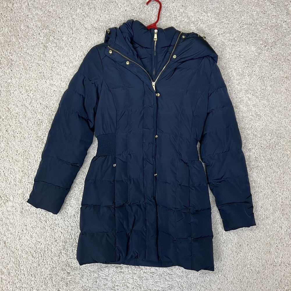 Cole Haan Womens XS Blue Taffeta Down Coat With Bib Front Hooded